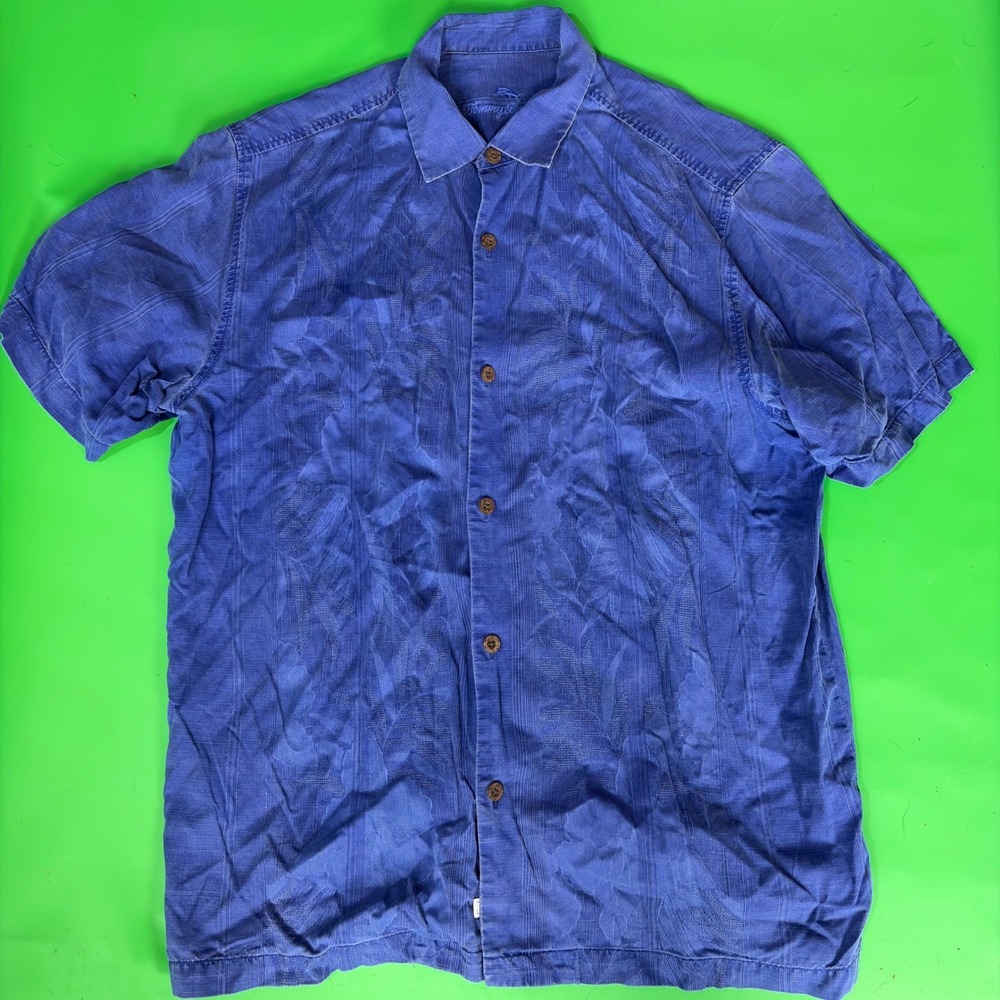 Tommy Bahama Silk Hawaiian Shirt Mens L Blue Jacquard‎ Button Up Tropical Camp